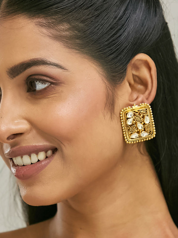 Nuyug 22K Gold-Plated Kundan & Filigree Concept Rectangular Leafy Studs