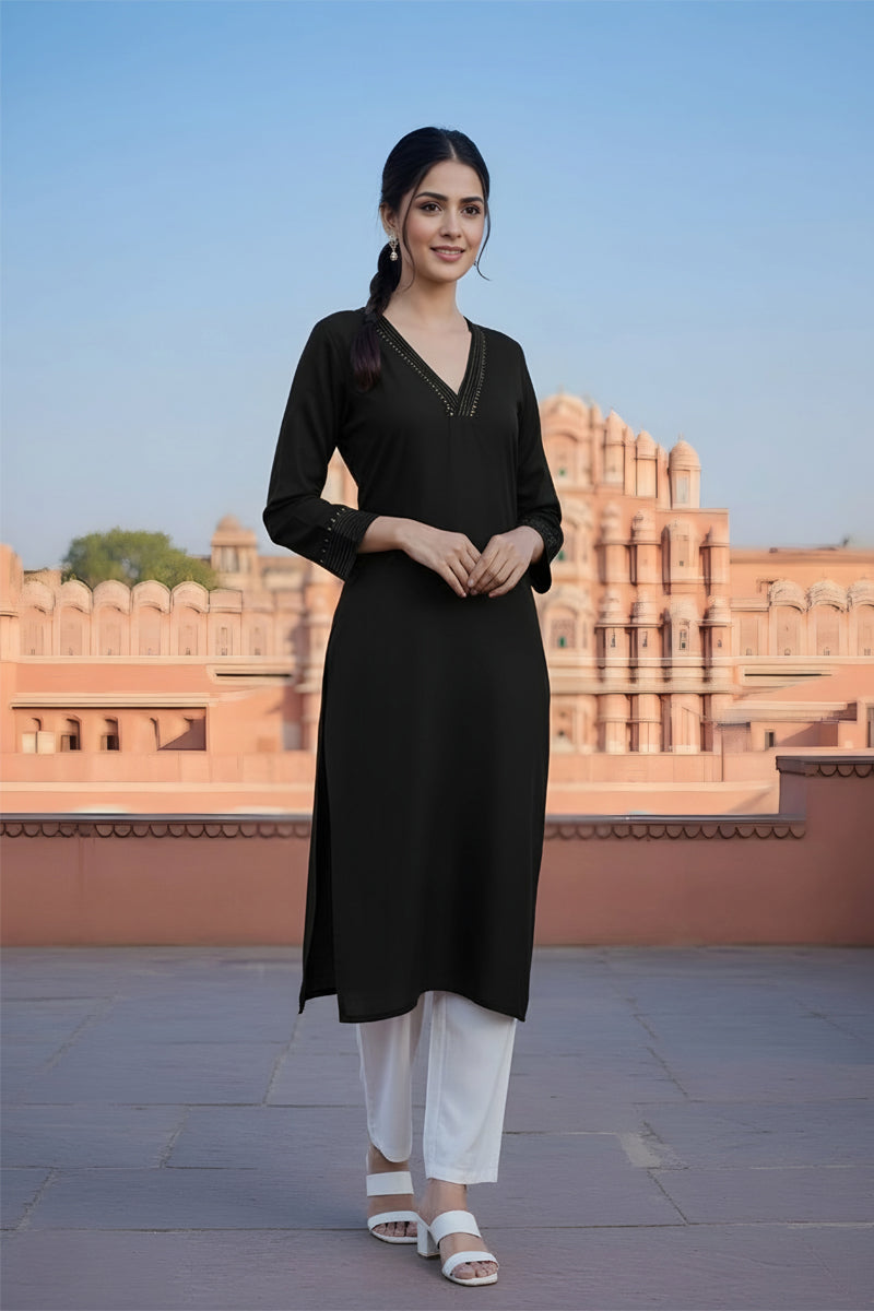 SRS Fashion Black Embroidered Rayon Straight Kurta Set - Dista