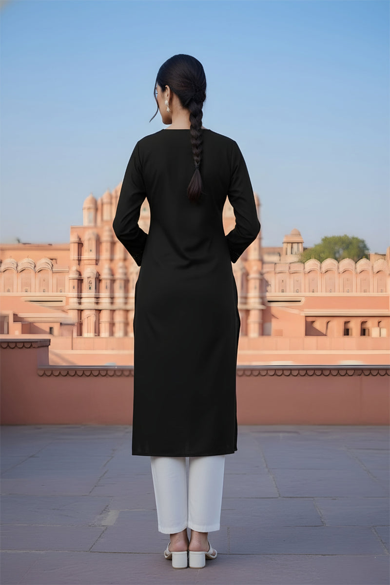SRS Fashion Black Embroidered Rayon Straight Kurta Set - Dista
