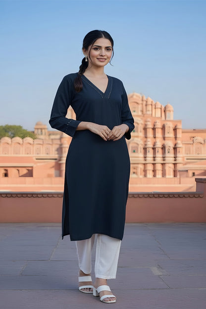 SRS Fashion Blue Embroidered Rayon Straight Kurta Set - Dista
