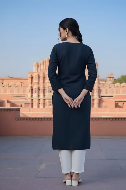 SRS Fashion Blue Embroidered Rayon Straight Kurta Set - Dista