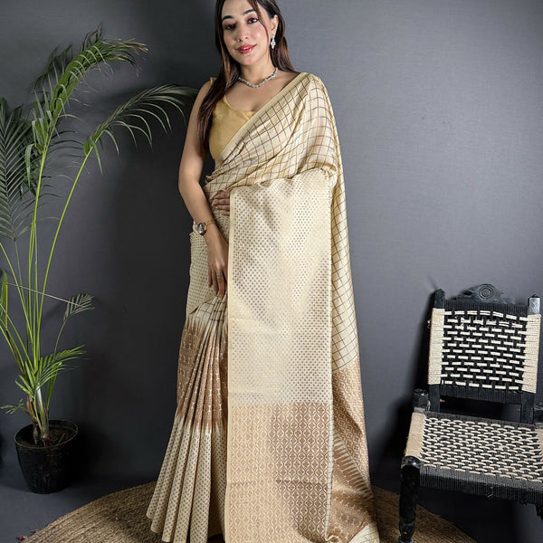 Joban Fashion Off White Banarasi Soft Lichi Silk Checks & Woven Saree