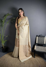 Thumbnail for Joban Fashion Off White Banarasi Soft Lichi Silk Checks & Woven Saree