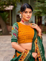 Thumbnail for Vastranavya Patola Printed and Foil Work Tussar Silk Lehenga with Unstitched Blouse - Mustard - Distacart