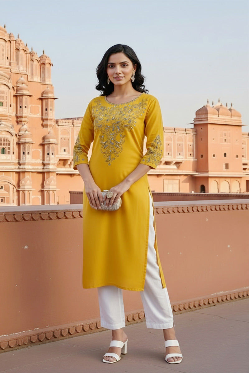 SRS Fashion Yellow Embroidered Rayon Straight Kurta Set - Dista