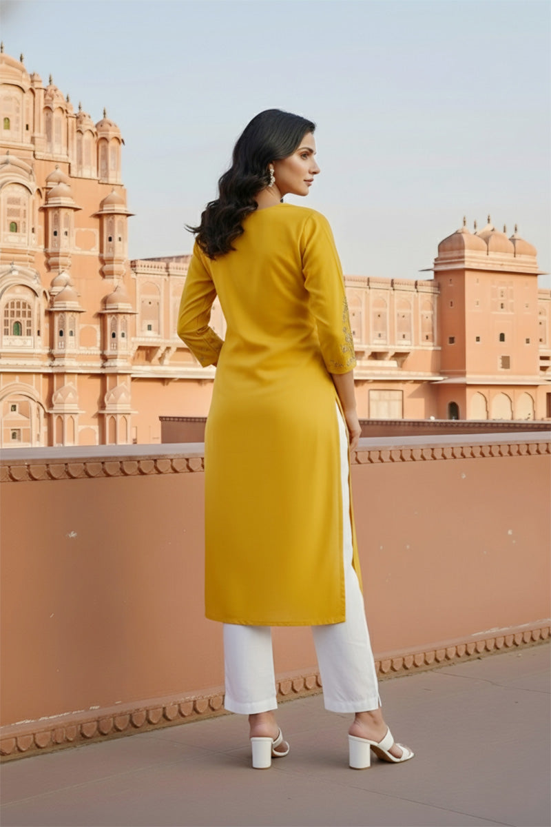 SRS Fashion Yellow Embroidered Rayon Straight Kurta Set - Dista