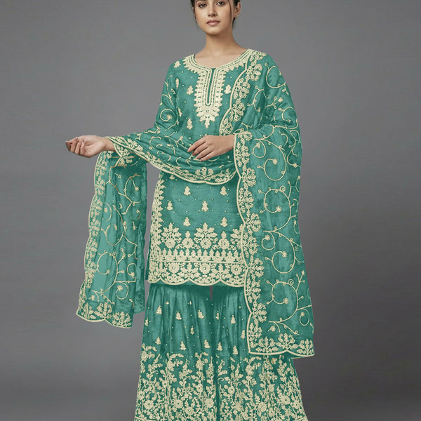 Teeya Creation Womens New Trendy Pure Gmy Silk With Heavy Embroidery Sequence Work Light-Green Kurta Set - Dista