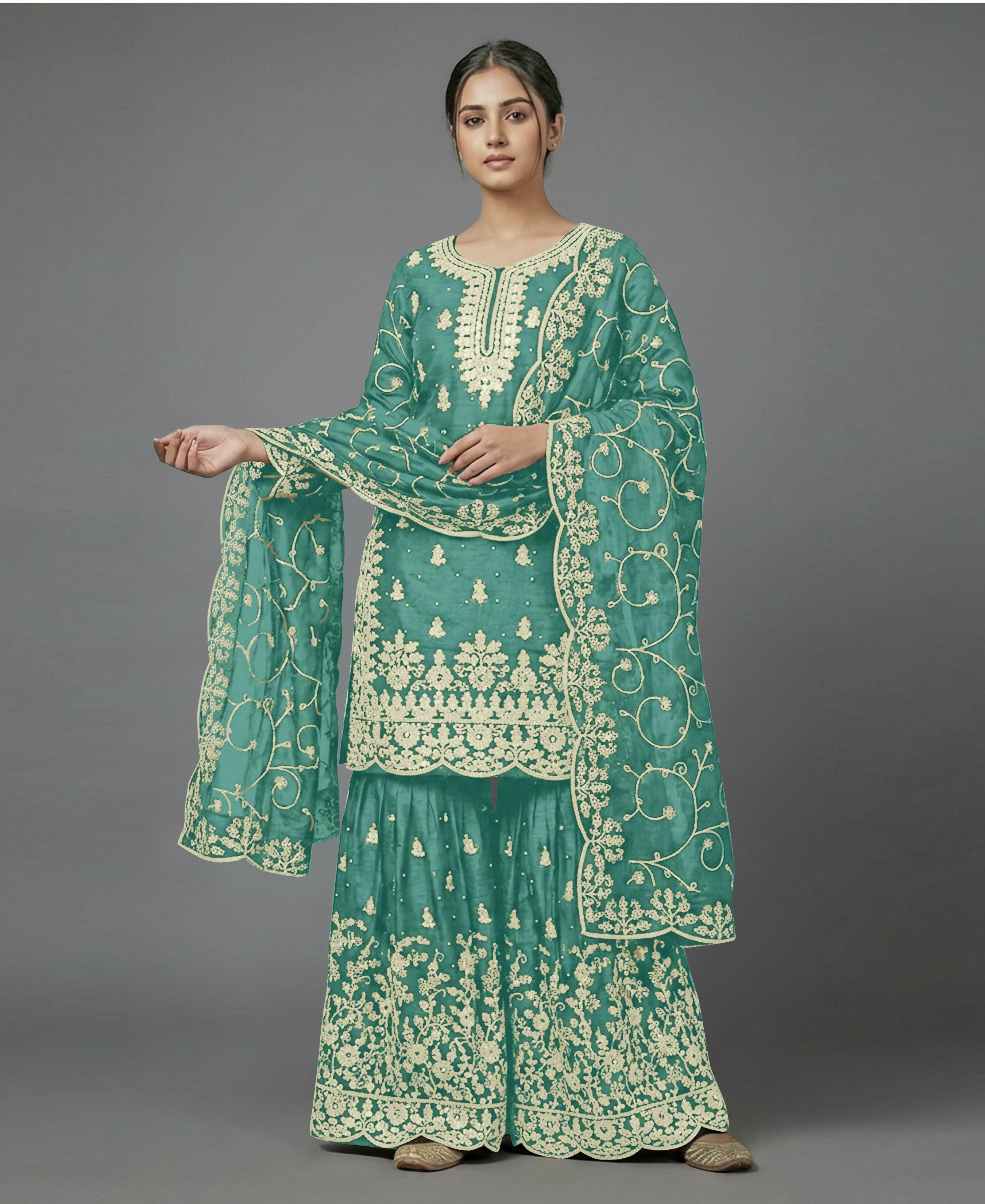 Teeya Creation Womens New Trendy Pure Gmy Silk With Heavy Embroidery Sequence Work Light-Green Kurta Set - Dista