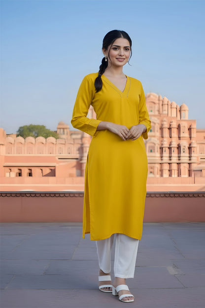 SRS Fashion Yellow Embroidered Rayon Straight Kurta Set - Dista