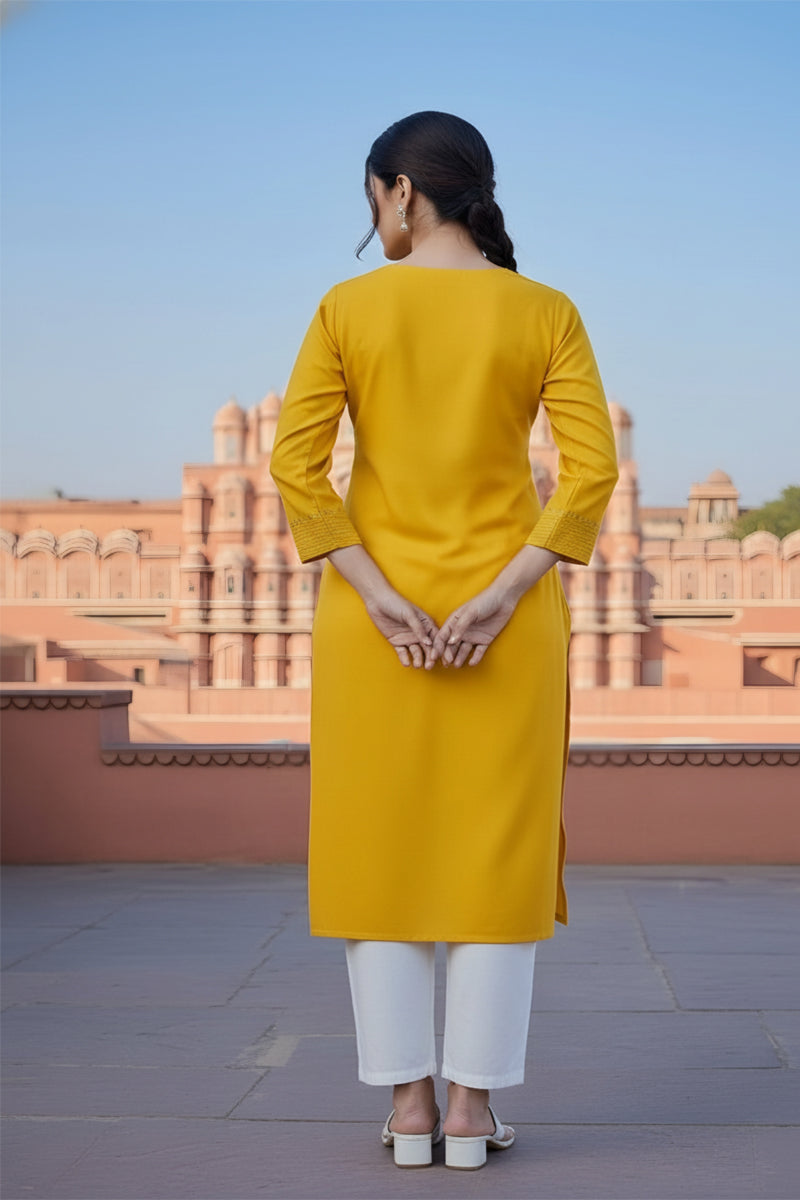 SRS Fashion Yellow Embroidered Rayon Straight Kurta Set - Dista