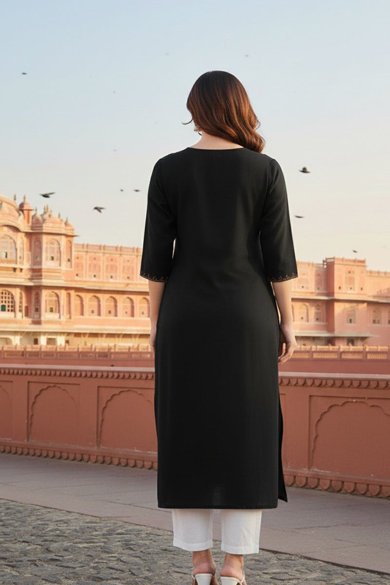 SRS Fashion Black Embroidered Rayon Straight Kurta Set - Dista
