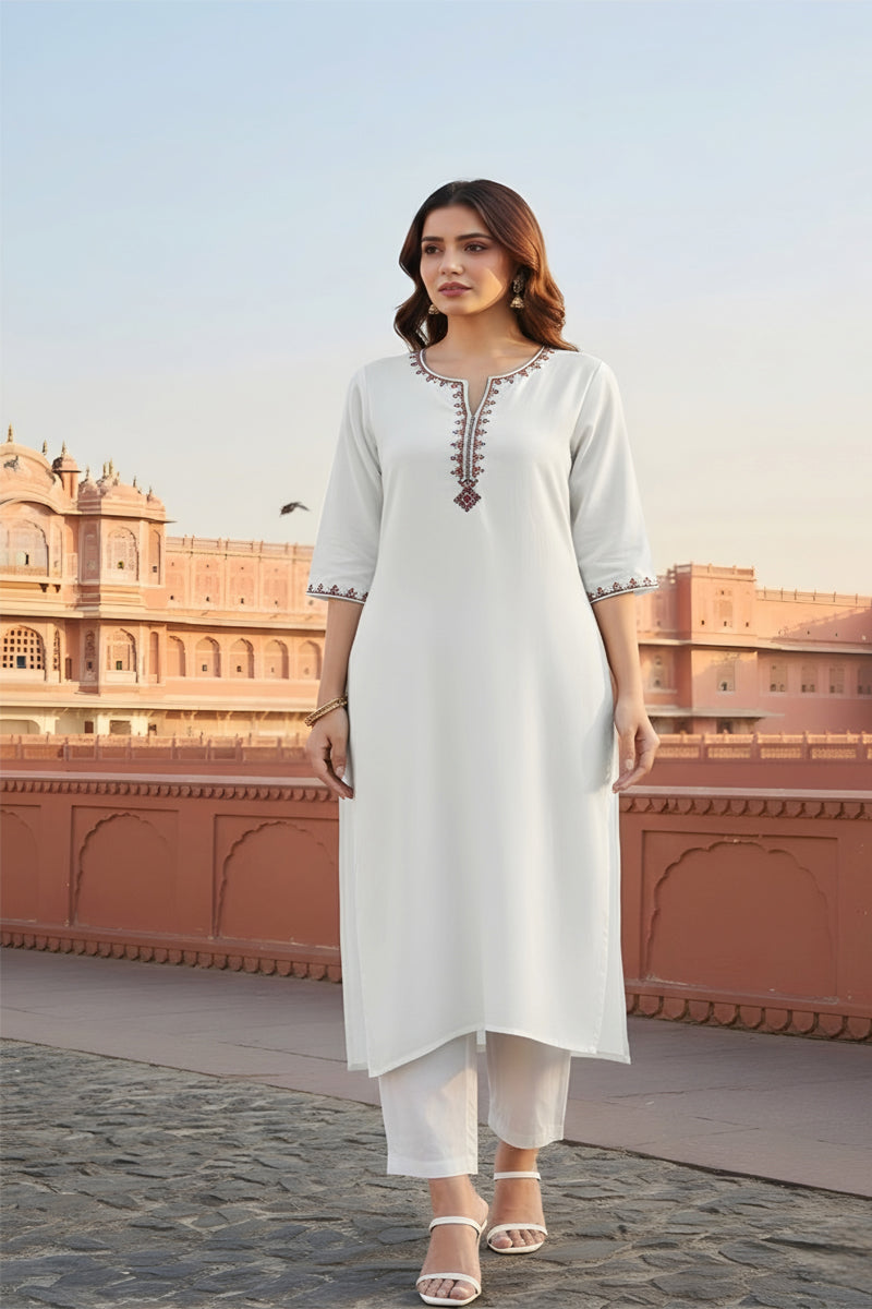 SRS Fashion White Embroidered Rayon Straight Kurta Set - Dista