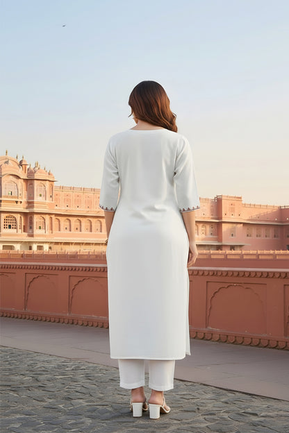 SRS Fashion White Embroidered Rayon Straight Kurta Set - Dista