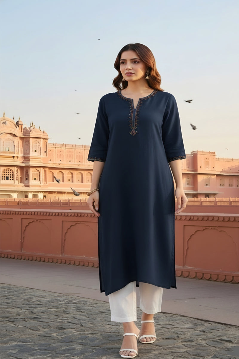 SRS Fashion Blue Embroidered Rayon Straight Kurta Set - Dista