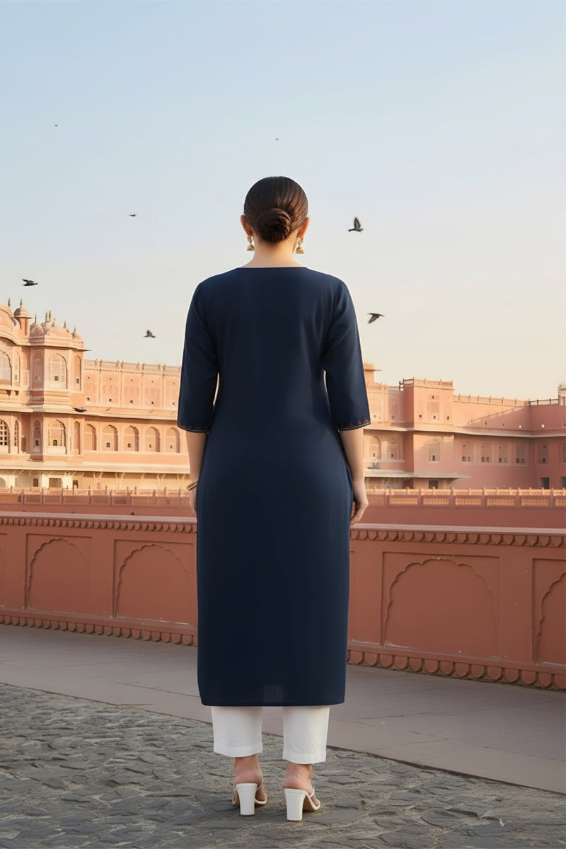 SRS Fashion Blue Embroidered Rayon Straight Kurta Set - Dista
