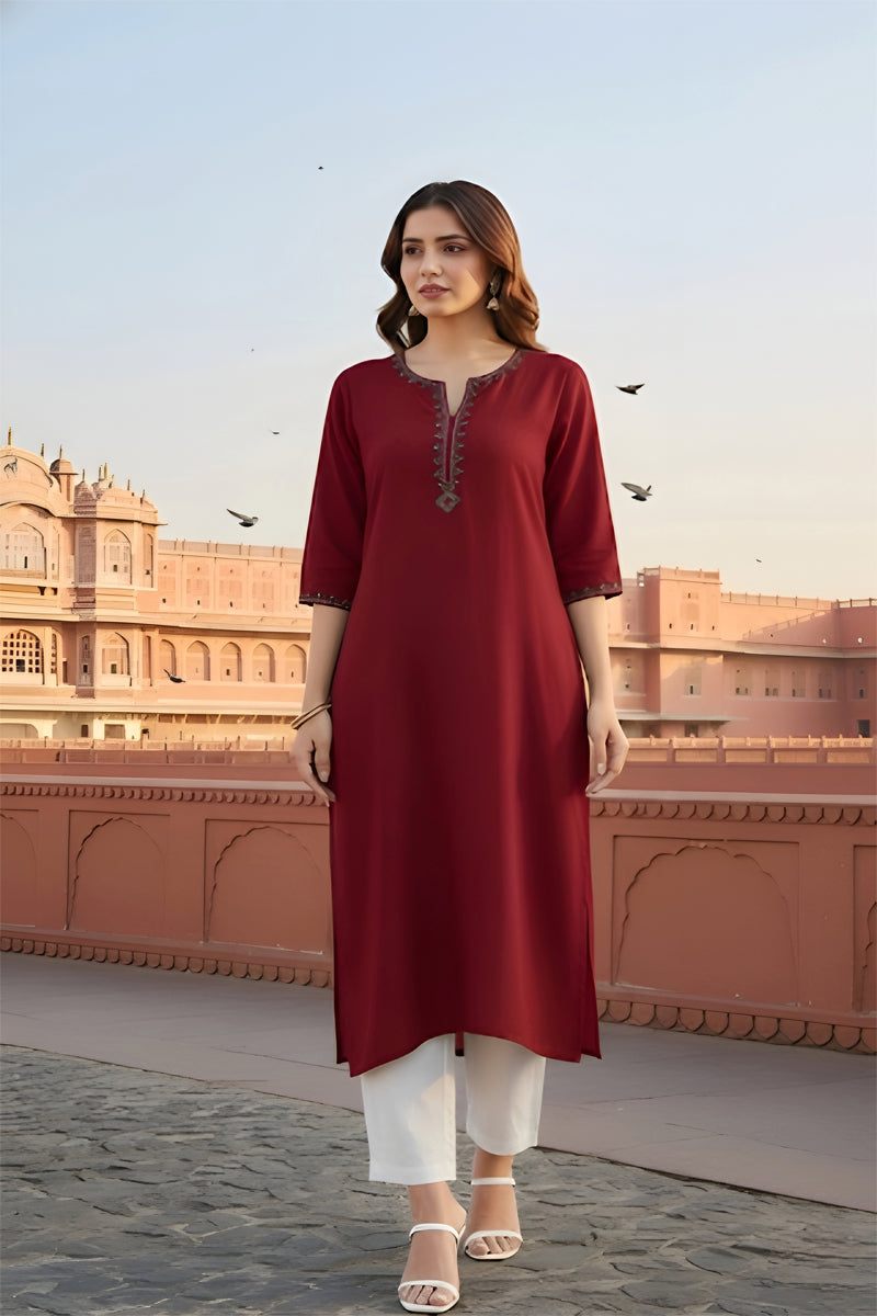 SRS Fashion Red Embroidered Rayon Straight Kurta Set - Dista