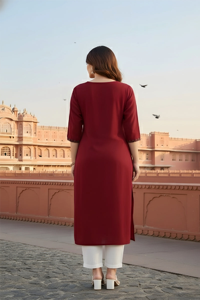 SRS Fashion Red Embroidered Rayon Straight Kurta Set - Dista