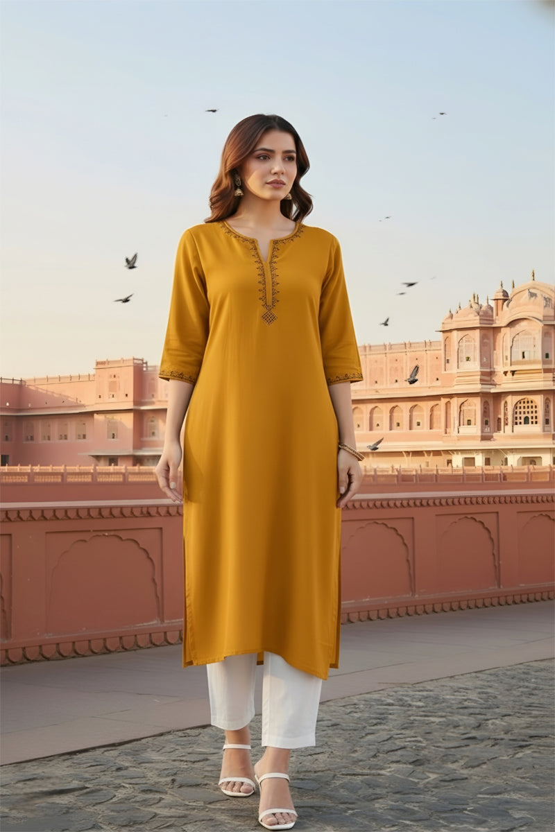 SRS Fashion Yellow Embroidered Rayon Straight Kurta Set - Dista
