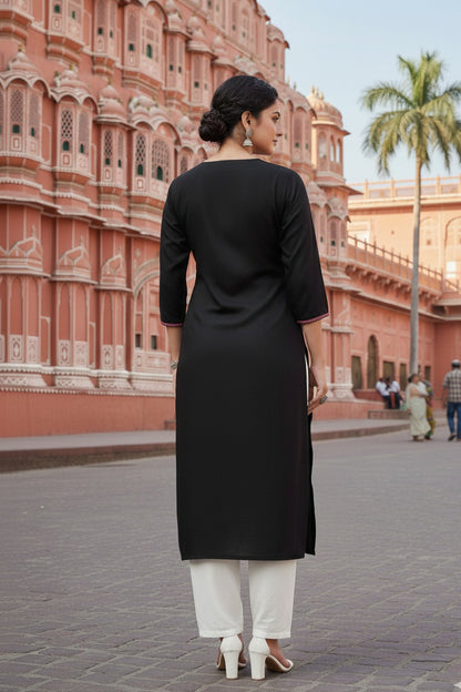SRS Fashion Black Embroidered Rayon Straight Kurta Set - Dista