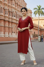 Thumbnail for SRS Fashion Red Embroidered Rayon Straight Kurta Set - Dista