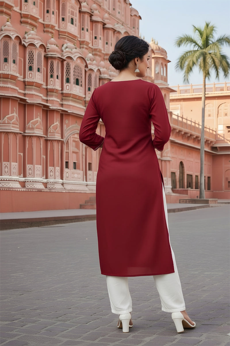 SRS Fashion Red Embroidered Rayon Straight Kurta Set - Dista