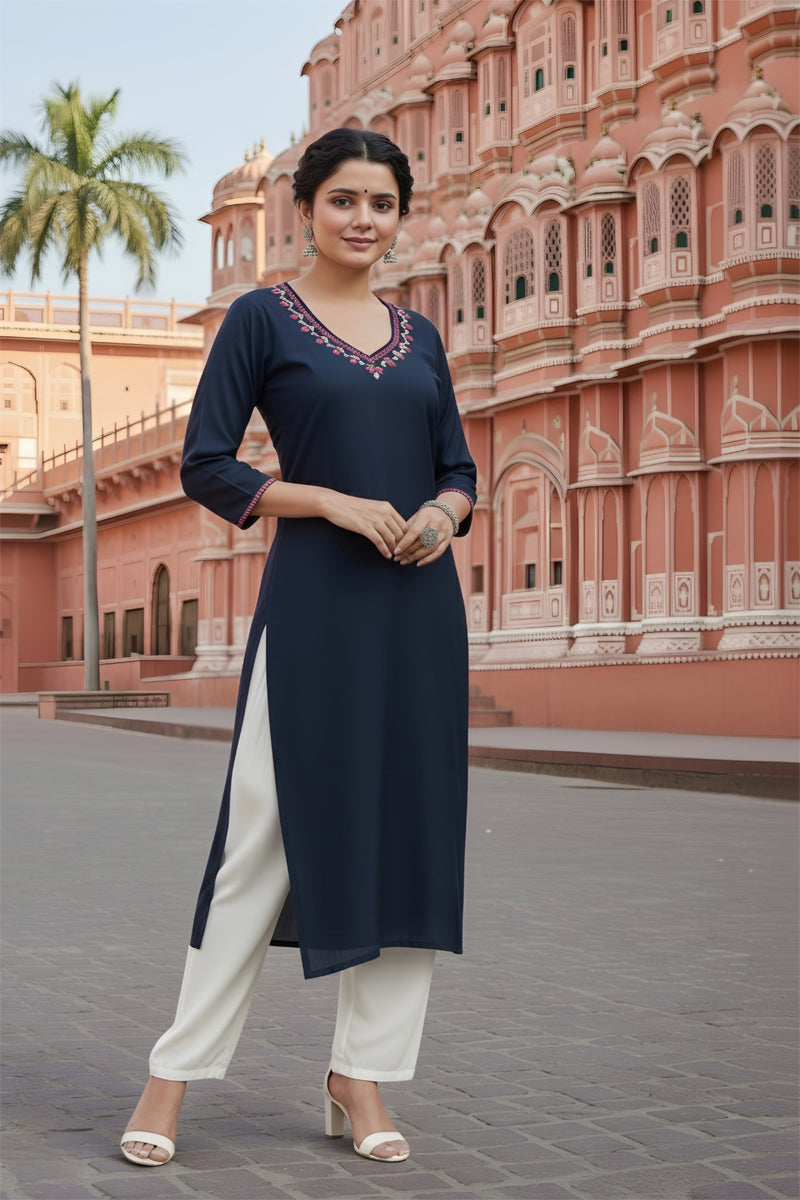 SRS Fashion Blue Embroidered Rayon Straight Kurta Set - Dista