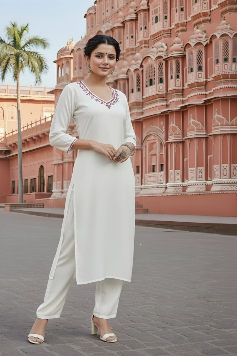 SRS Fashion White Embroidered Rayon Straight Kurta Set - Dista
