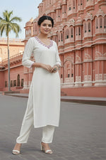 Thumbnail for SRS Fashion White Embroidered Rayon Straight Kurta Set - Dista