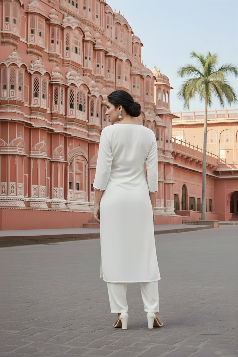 SRS Fashion White Embroidered Rayon Straight Kurta Set - Dista