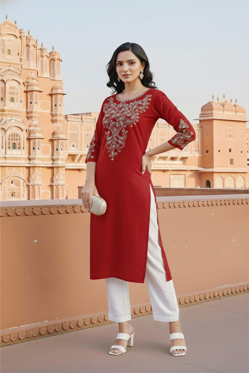 SRS Fashion Red Embroidered Rayon Straight Kurta Set - Dista