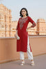 SRS Fashion Red Embroidered Rayon Straight Kurta Set - Dista