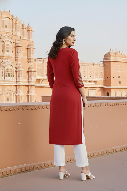 SRS Fashion Red Embroidered Rayon Straight Kurta Set - Dista