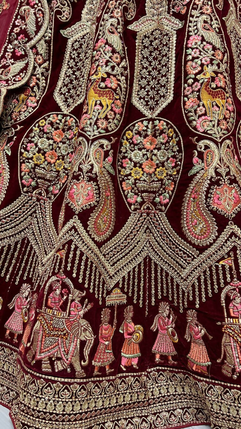 Jyoti Fashion Women's Maroon Velvet Multi Thread Embroidered with Zircon Diamond Work Wedding Lehenga Choli - Distacart