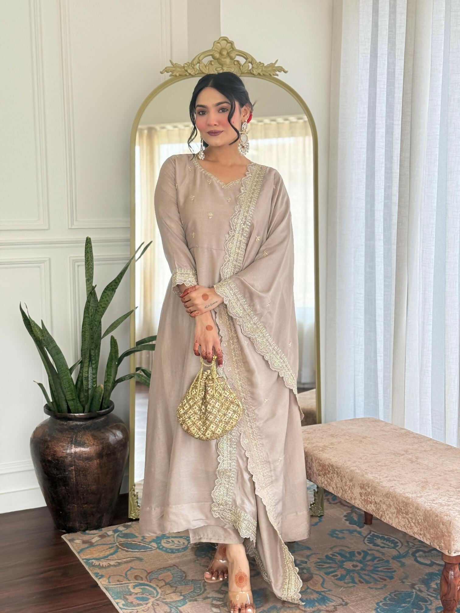 The52 CreamWomen's Gorgeous Vichitra Silk Fabric Embroidered Work Flared Anarkali Pant and Dupatta Set