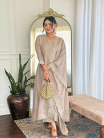 Thumbnail for The52 CreamWomen's Gorgeous Vichitra Silk Fabric Embroidered Work Flared Anarkali Pant and Dupatta Set