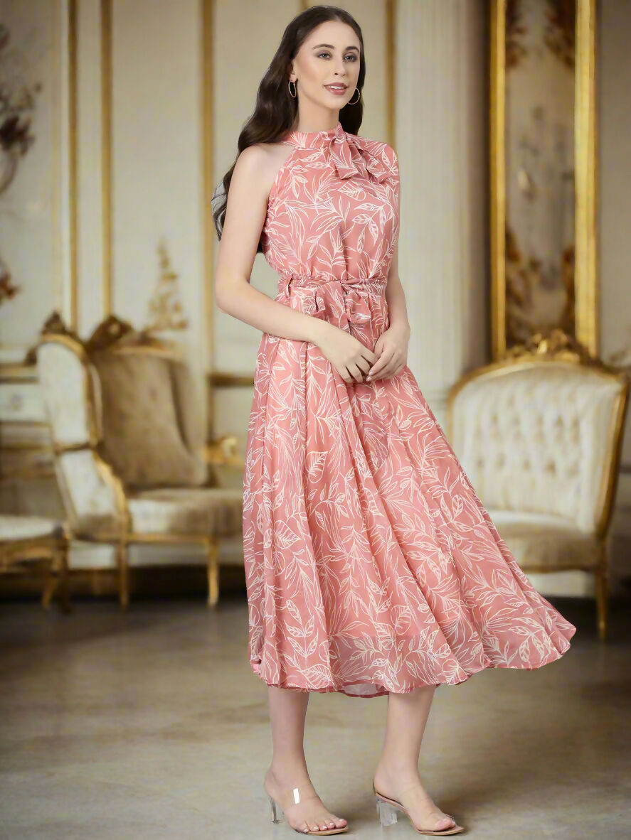 Souchii Peach Floral Chiffon Dress - Dista