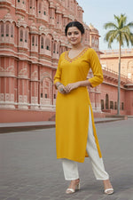 Thumbnail for SRS Fashion Yellow Embroidered Rayon Straight Kurta Set - Dista