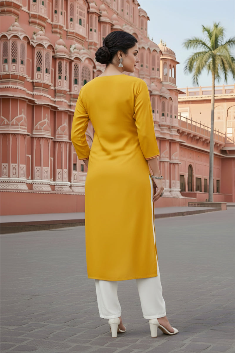 SRS Fashion Yellow Embroidered Rayon Straight Kurta Set - Dista