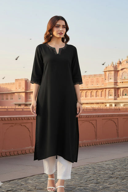 SRS Fashion Black Embroidered Rayon Straight Kurta Set - Dista