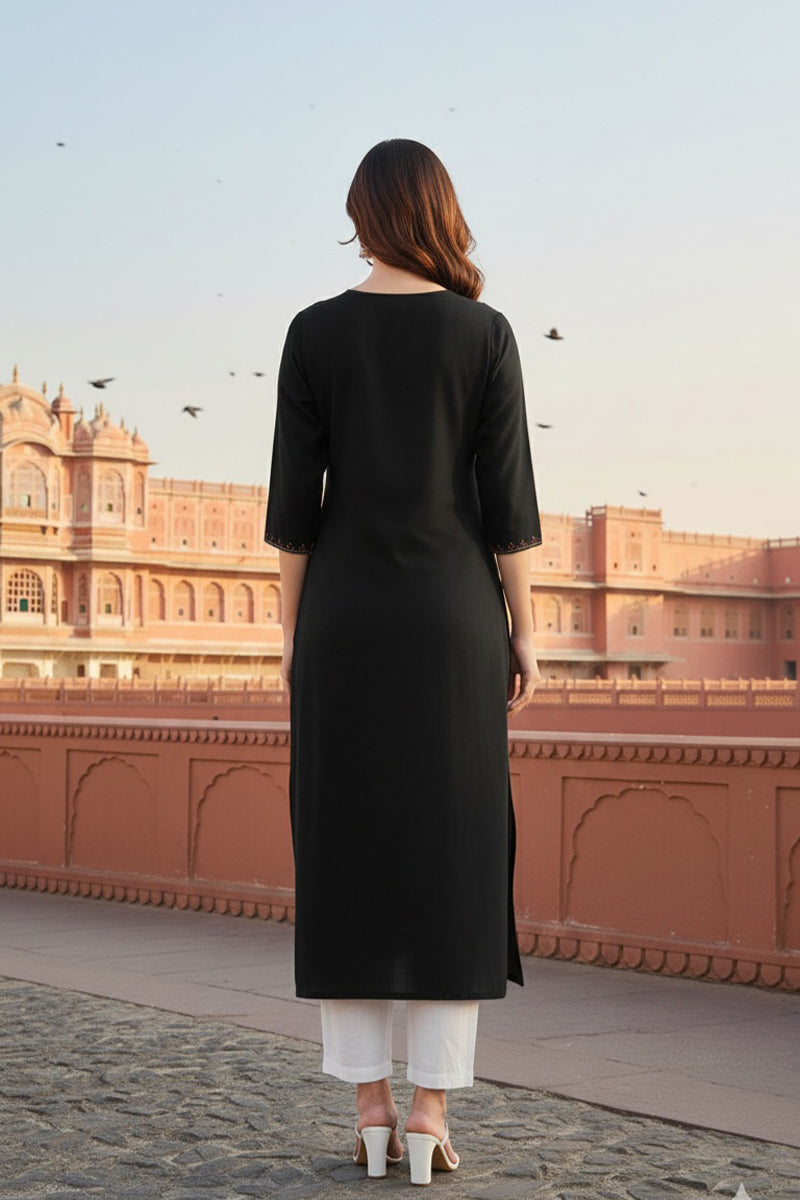 SRS Fashion Black Embroidered Rayon Straight Kurta Set - Dista