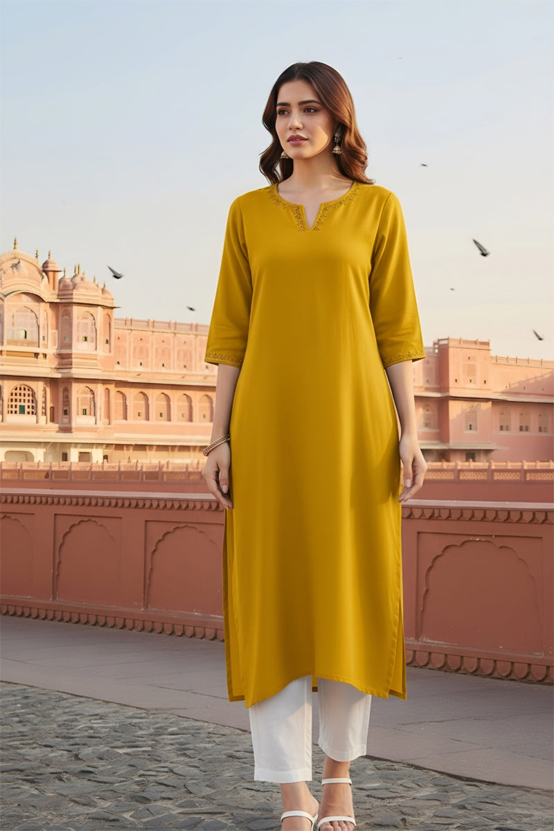 SRS Fashion Yellow Embroidered Rayon Straight Kurta Set - Dista