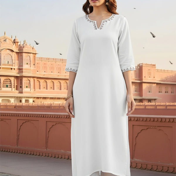 SRS Fashion White Embroidered Rayon Straight Kurta Set - Dista