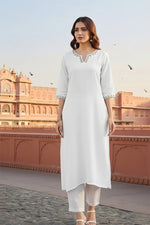 Thumbnail for SRS Fashion White Embroidered Rayon Straight Kurta Set - Dista