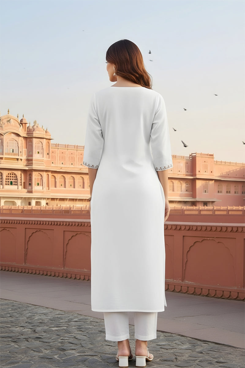 SRS Fashion White Embroidered Rayon Straight Kurta Set - Dista