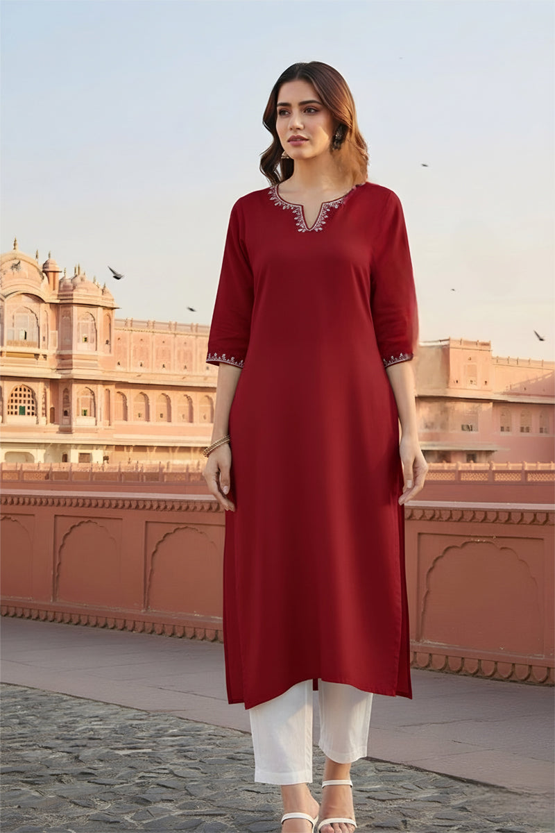 SRS Fashion Red Embroidered Rayon Straight Kurta Set - Dista
