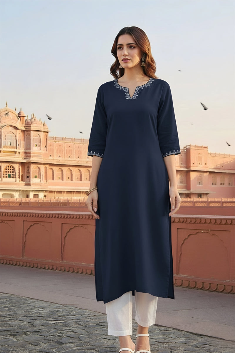 SRS Fashion Blue Embroidered Rayon Straight Kurta Set - Dista