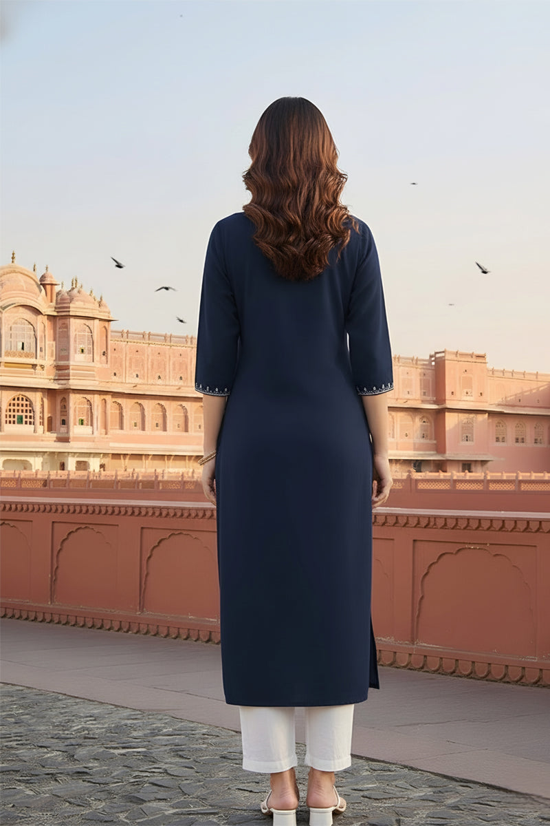 SRS Fashion Blue Embroidered Rayon Straight Kurta Set - Dista