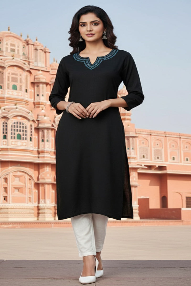 SRS Fashion Black Embroidered Rayon Straight Kurta Set - Dista
