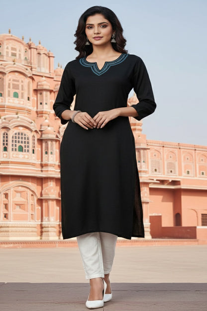 SRS Fashion Black Embroidered Rayon Straight Kurta Set - Dista