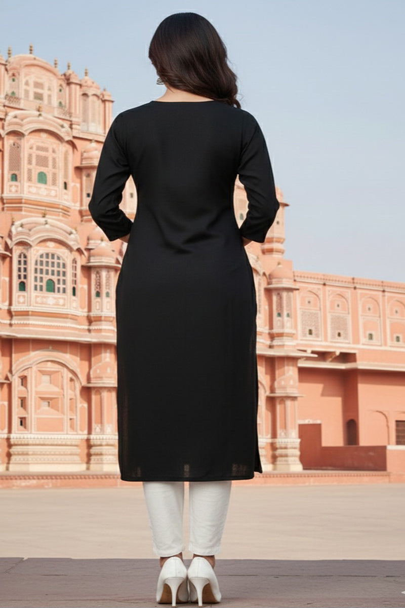 SRS Fashion Black Embroidered Rayon Straight Kurta Set - Dista
